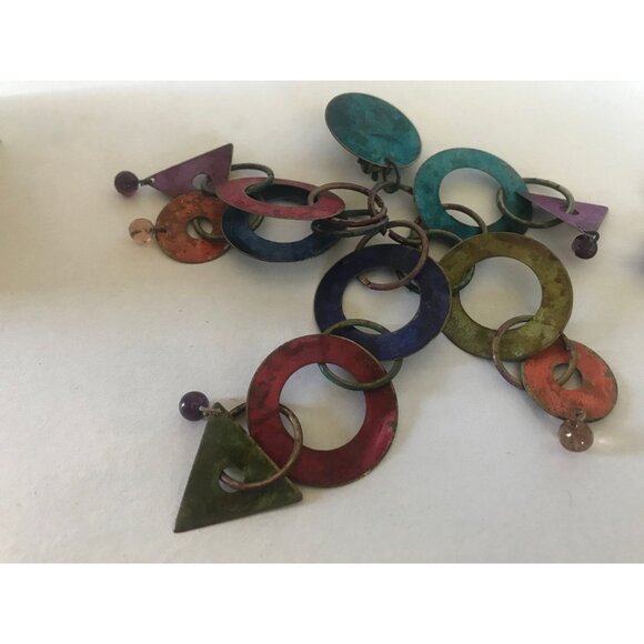 Vtg 1960's Handmade Mod Dangle 5 Drop Circles Clip On Earrings Deep Blue - Picture 6 of 8